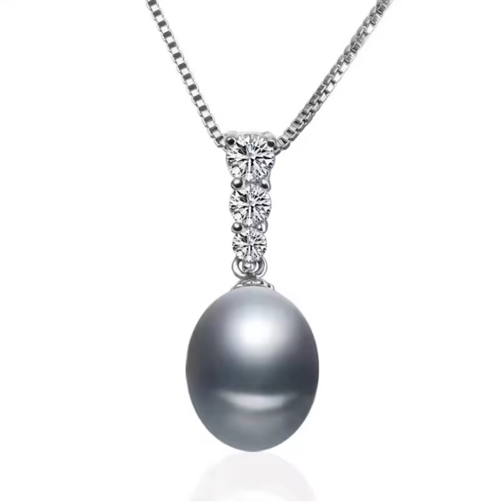 Natural Grey Akoya Pearl CZ Bell Pendant 925 Sterling Silver Necklace